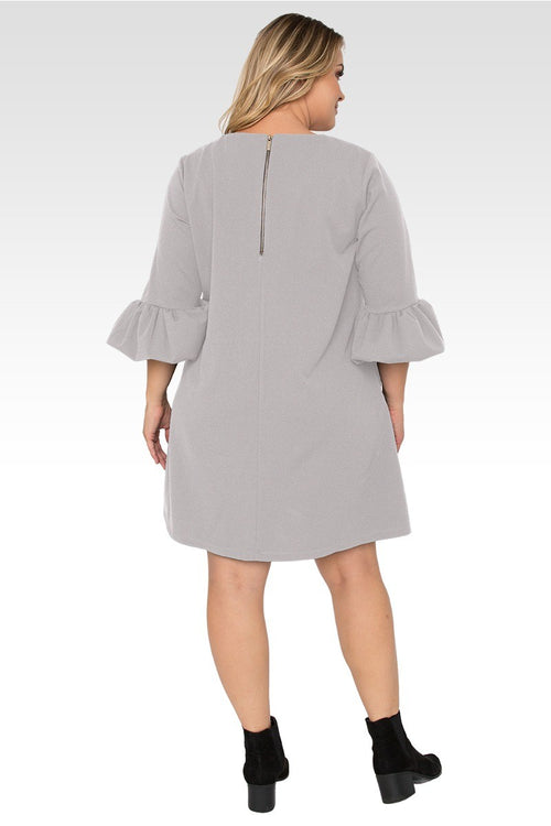 Stella Plus Size Grey Crepe Knit 3/4 Balloon Sleeves Midi Dress