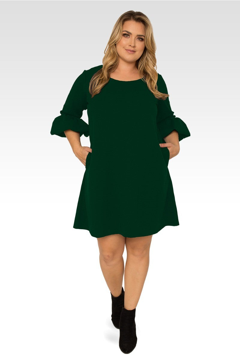 Standards & Practices Women's Plus Size Green Crepe Knit 3/4 Balloon Sleeves Midi Shift Dress