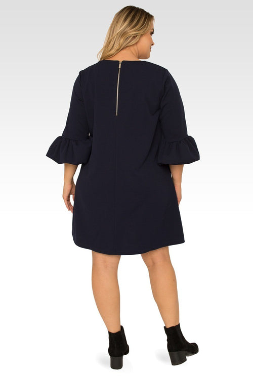 Stella Plus Size Navy Blue Crepe Knit 3/4 Balloon Sleeves Midi Dress