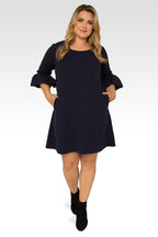 Stella Plus Size Navy Blue Crepe Knit 3/4 Balloon Sleeves Midi Dress