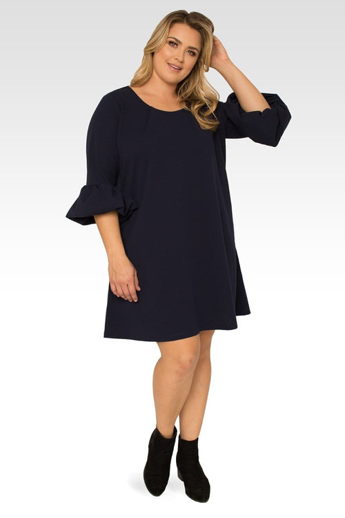 Stella Plus Size Navy Blue Crepe Knit 3/4 Balloon Sleeves Midi Dress