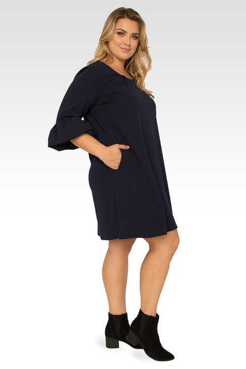 Stella Plus Size Navy Blue Crepe Knit 3/4 Balloon Sleeves Midi Dress