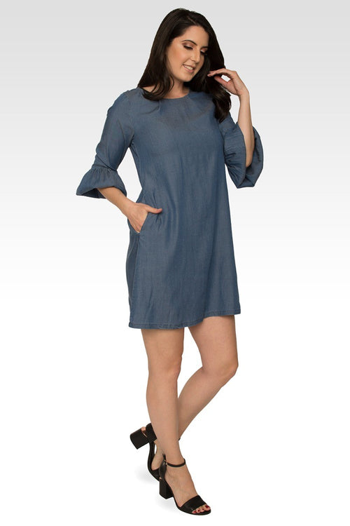 Stella Tencel 3/4 Balloon Sleeves Medium Blue Midi Dress