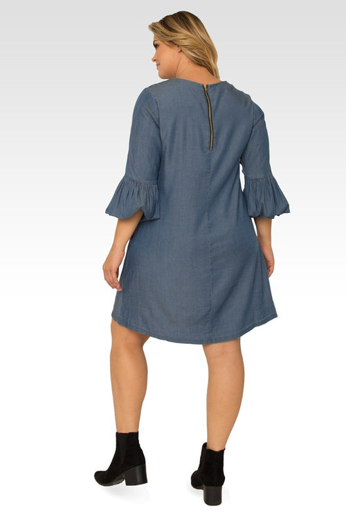 Stella Plus Size Tencel 3/4 Balloon Sleeves Medium Blue Midi Dress