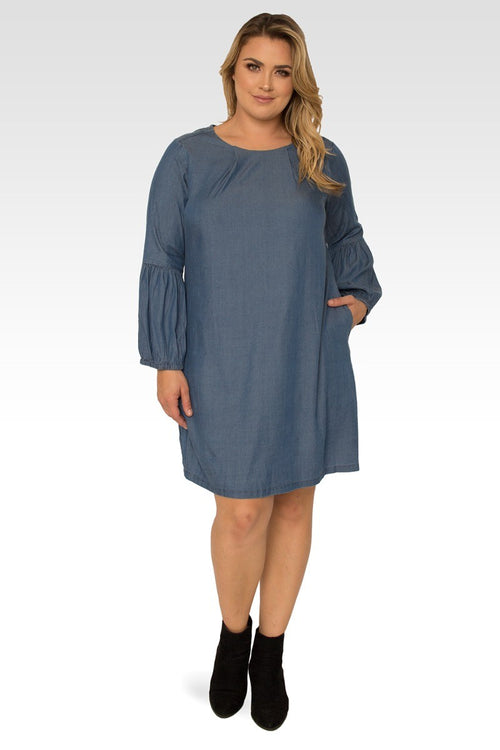 Stella Plus Size Tencel 3/4 Balloon Sleeves Medium Blue Midi Dress
