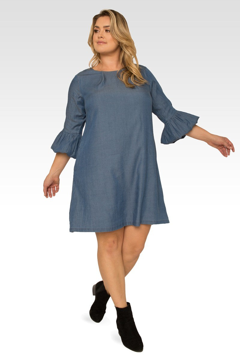 mid size midi dress Standards & Practices Plus Size Women's Tencel 3/4 Balloon Sleeves Medium Blue Midi Shift Dress Mid Blue / 2X
