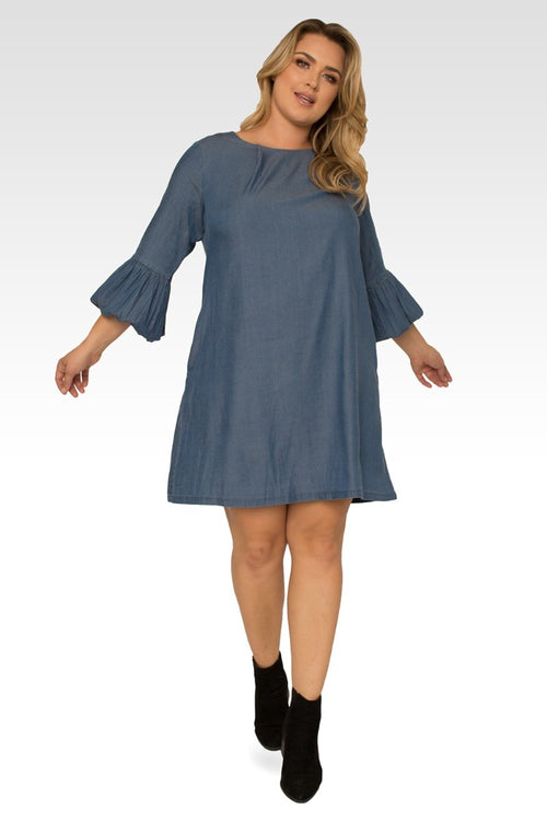 Stella Plus Size Tencel 3/4 Balloon Sleeves Medium Blue Midi Dress
