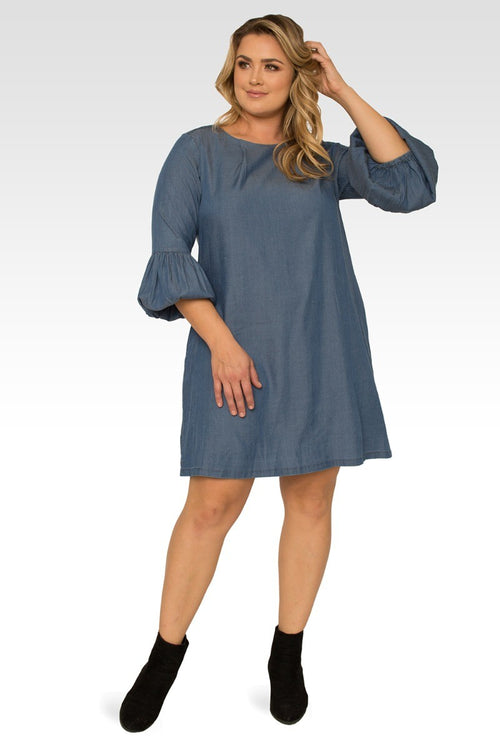 Stella Plus Size Tencel 3/4 Balloon Sleeves Medium Blue Midi Dress
