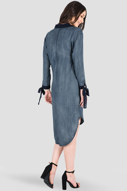 Women's Tencel Denim Shirtdress - Navy Chiffon Collar Tie Sleeve