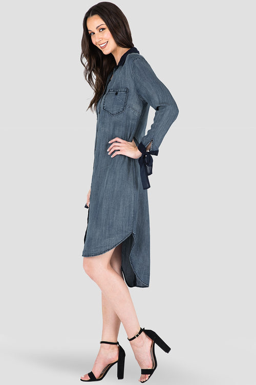 Women's Navy Chiffon Collar Denim Dress