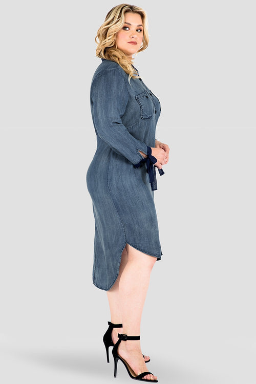 Plus Size Women's Tencel Denim Shirtdress - Navy Chiffon Collar Tie Sleeve