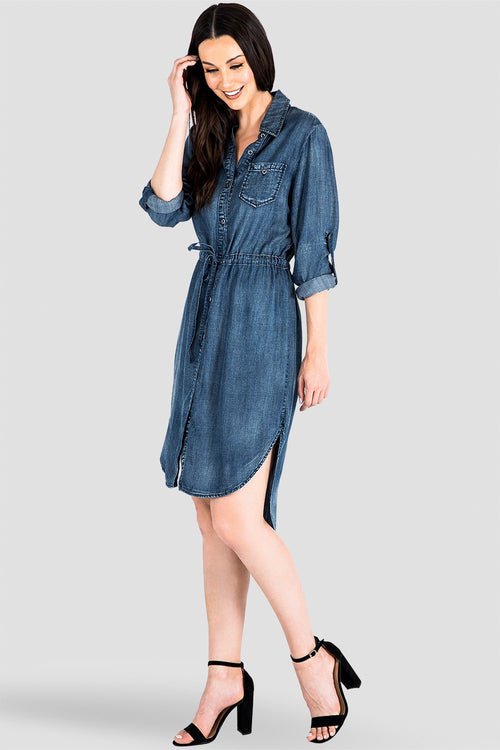Paige Denim Tencel Collared Shirtdress - Drawstring Waist Full