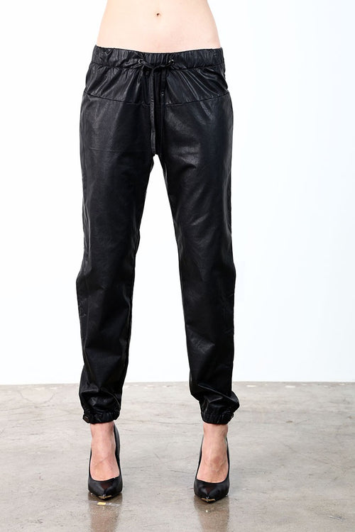 Standards & Practices Contemporary Women Drawstring Waistband Black Faux Leather Pull On Pants
