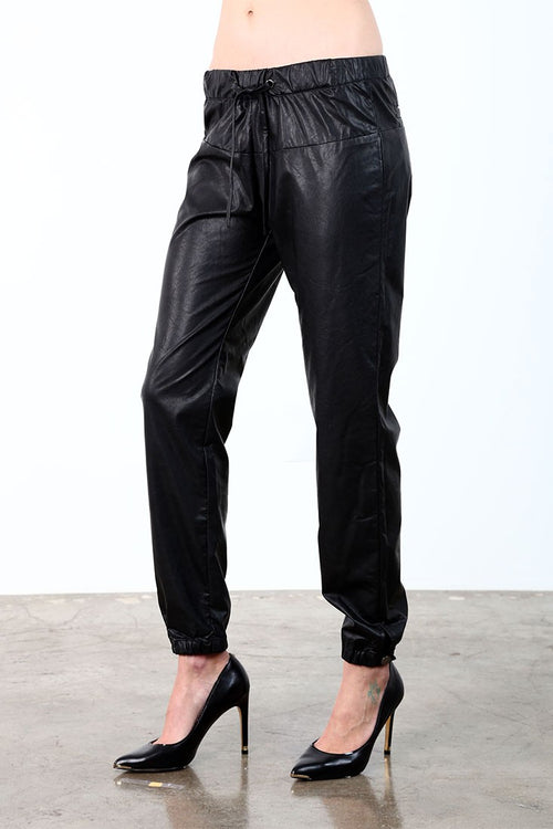 Standards & Practices Contemporary Women Drawstring Waistband Black Faux Leather Pull On Pants