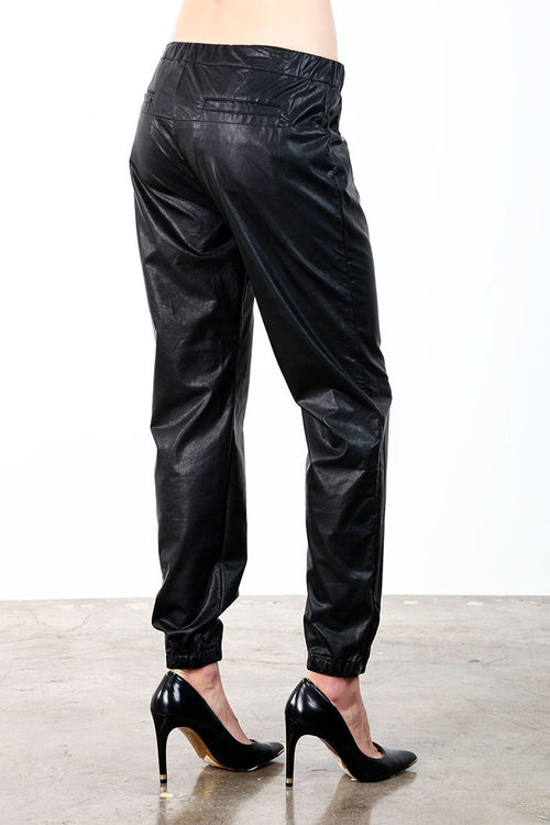 Standards & Practices Contemporary Women Drawstring Waistband Black Faux Leather Pull On Pants