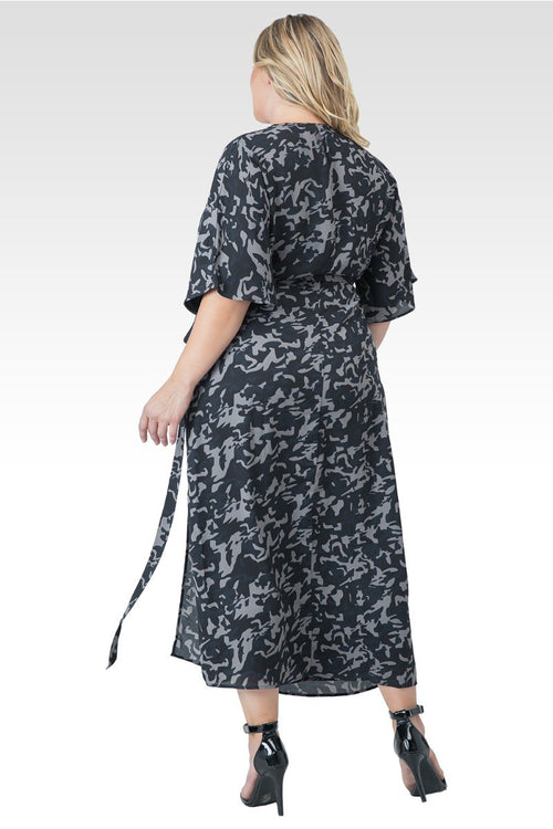 Plus Size Olivia Woven Chiffon Camo Print Kimono Wrap Maxi Dress