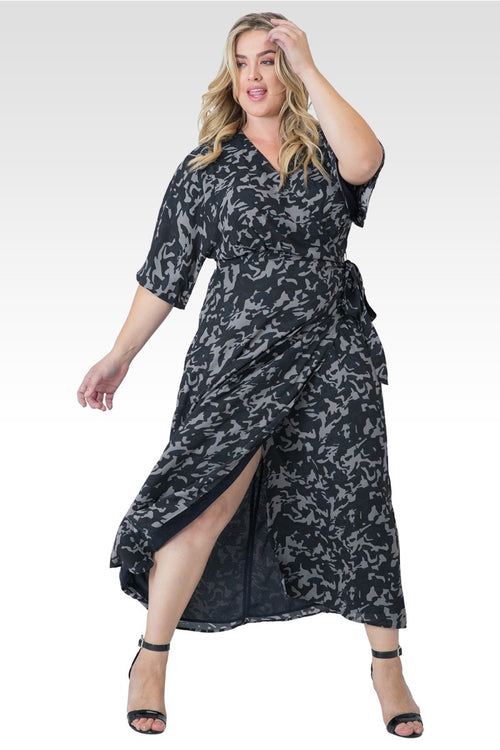 Plus Size Olivia Woven Chiffon Camo Print Kimono Wrap Maxi Dress