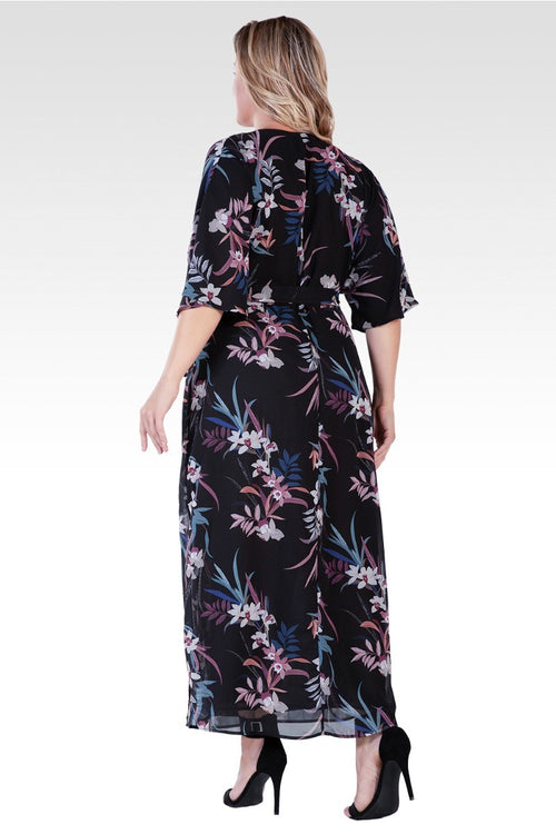 Olivia Plus Size Black Tropical Floral Kimono Wrap Maxi Dress