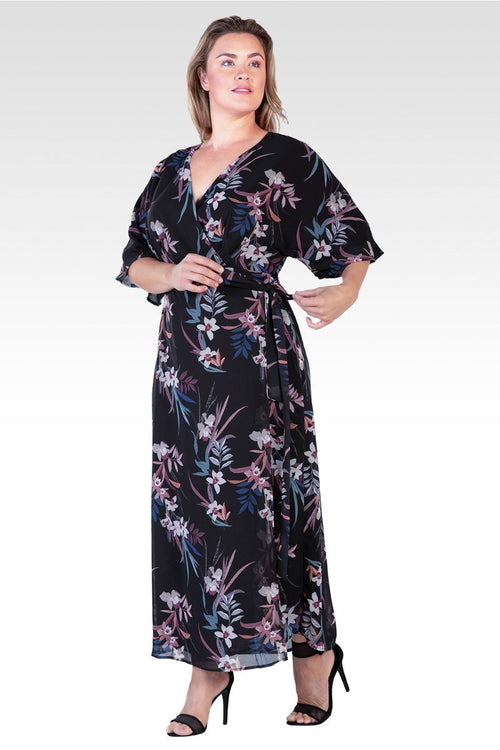 Olivia Plus Size Black Tropical Floral Kimono Wrap Maxi Dress