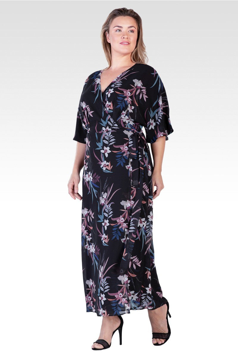 Standards & Practices Plus Size Modern Women's Black Tropical Floral Print Kimono Wrap Maxi Dress - 3X