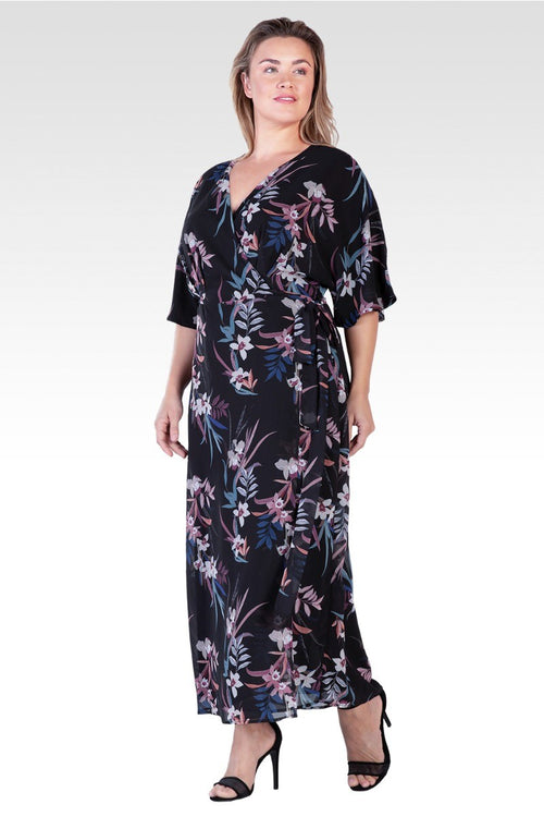 Olivia Plus Size Black Tropical Floral Kimono Wrap Maxi Dress