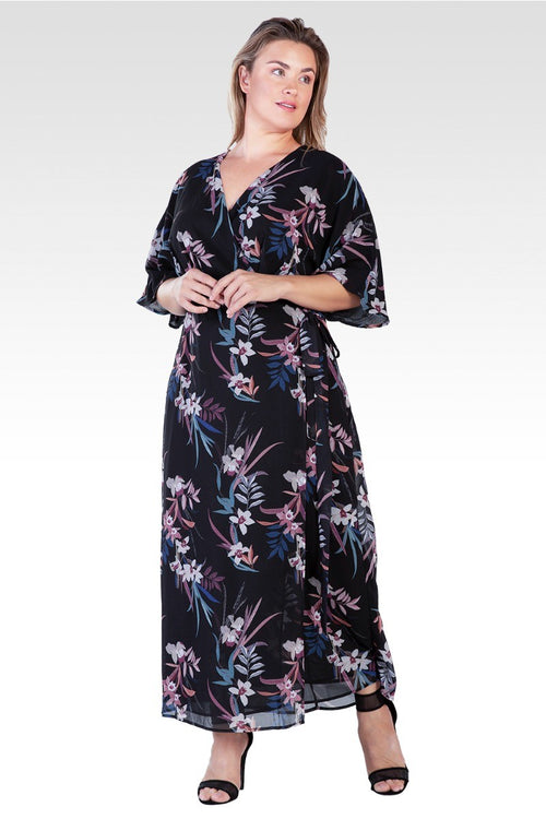 Olivia Plus Size Black Tropical Floral Kimono Wrap Maxi Dress