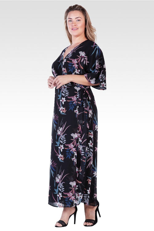 Olivia Plus Size Black Tropical Floral Kimono Wrap Maxi Dress