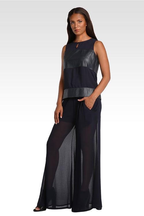 Patricia Woven Chiffon Midnight Blue Palazzo Pant W Elastic Waist