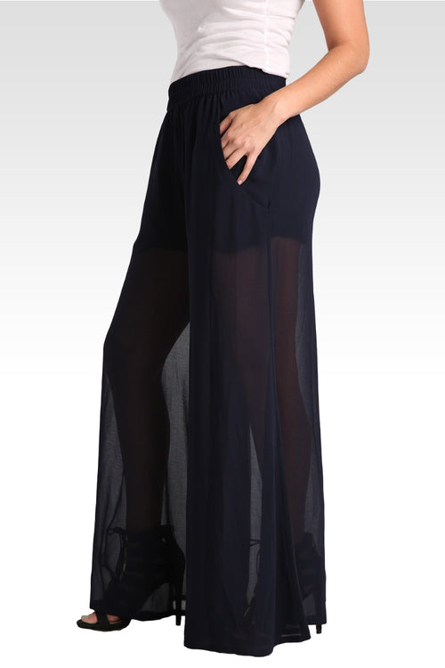 Patricia Woven Chiffon Midnight Blue Palazzo Pant W Elastic Waist