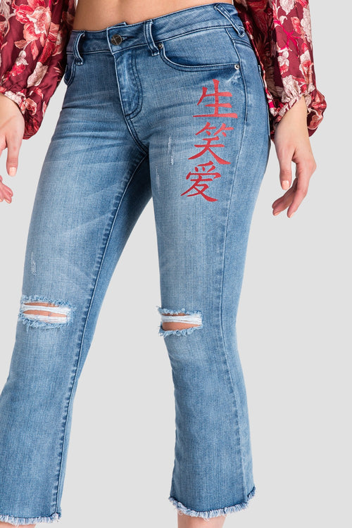 Jamie Chinese Character Women's Distressed Cropped Flare Jeans