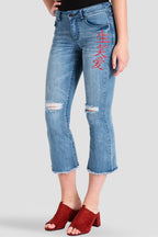 Jamie Chinese Character Women's Distressed Cropped Flare Jeans