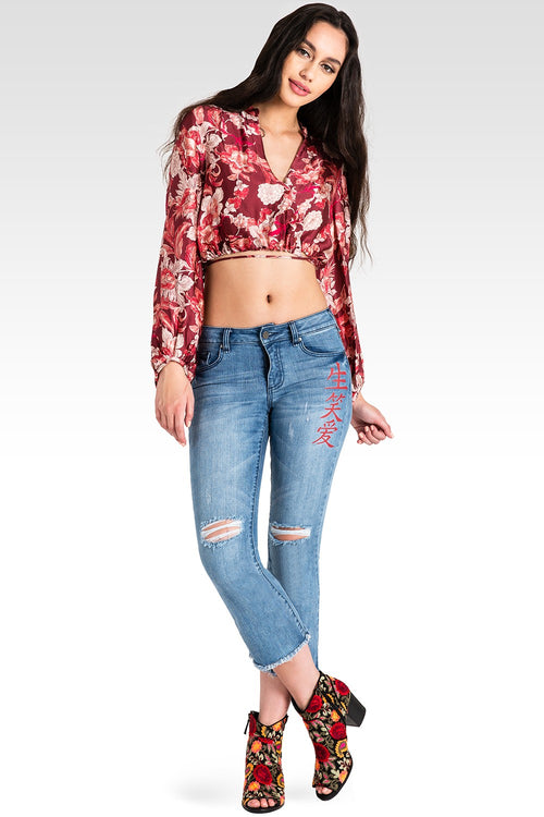 Jamie Chinese Character Women's Distressed Cropped Flare Jeans
