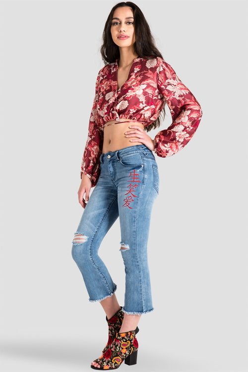 Jamie Chinese Character Women's Distressed Cropped Flare Jeans