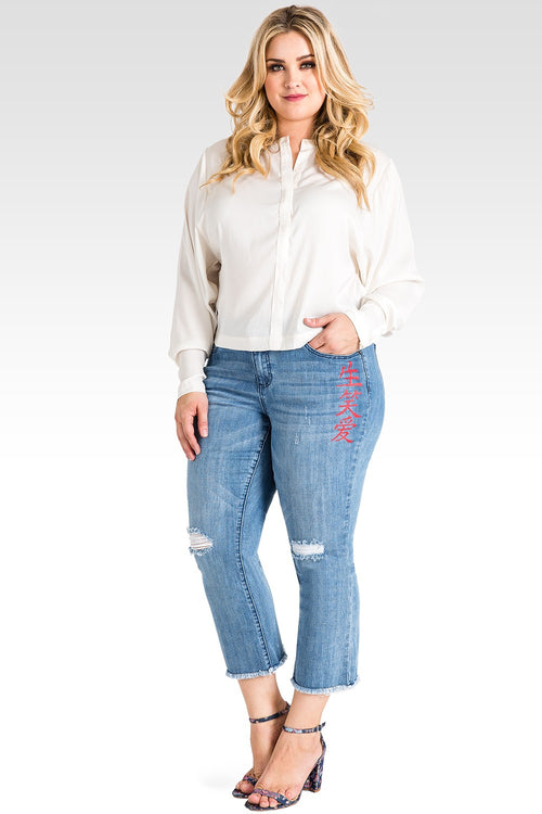 plus size destroyed cropped bootcut jeans with chinese characters
