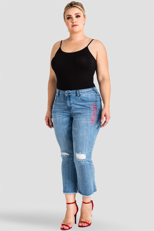 plus size destroyed cropped bootcut jeans with chinese characters