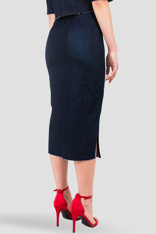 Standards & Practices Women's Indigo Denim Snap Button Up Midi Pencil Skirt - Frayed Hem