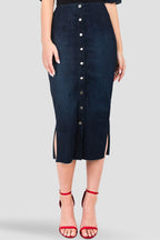 Standards & Practices  Curvy Fit Indigo Denim Snap Button Up Midi Pencil Skirt - Frayed Hem