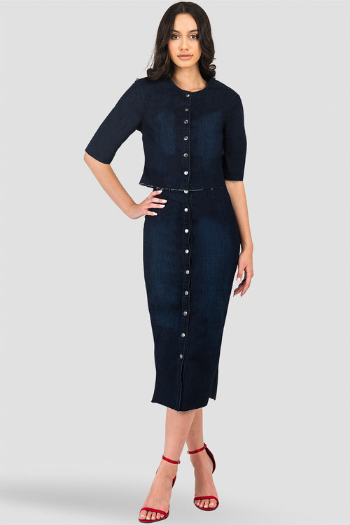 Elain Indigo Denim Snap Button Up Midi Pencil Skirt - Frayed Hem