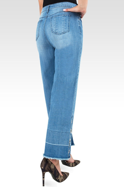 Meryl High-Rise Light Wash Cropped Jeans with Silver Grommets & Wide Released Hem