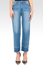 Standards & Practices Women's High-Rise Light Wash Cropped Mom Jeans -Silver Grommets & Wide Released Hem