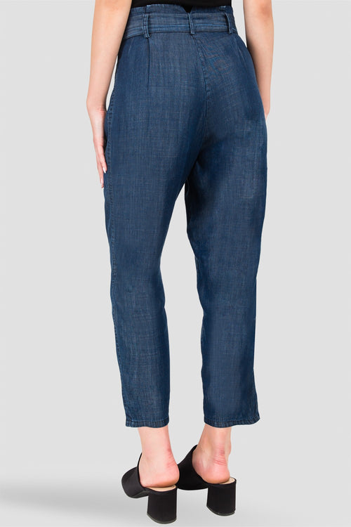 Marina Paper Bag Waist Medium Blue Tencel Denim Peg Leg Pants D-Ring Belt