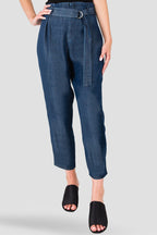 Marina Paper Bag Waist Medium Blue Tencel Denim Peg Leg Pants D-Ring Belt