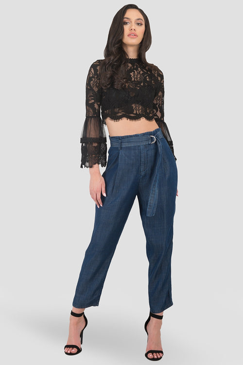 Marina Paper Bag Waist Medium Blue Tencel Denim Peg Leg Pants D-Ring Belt