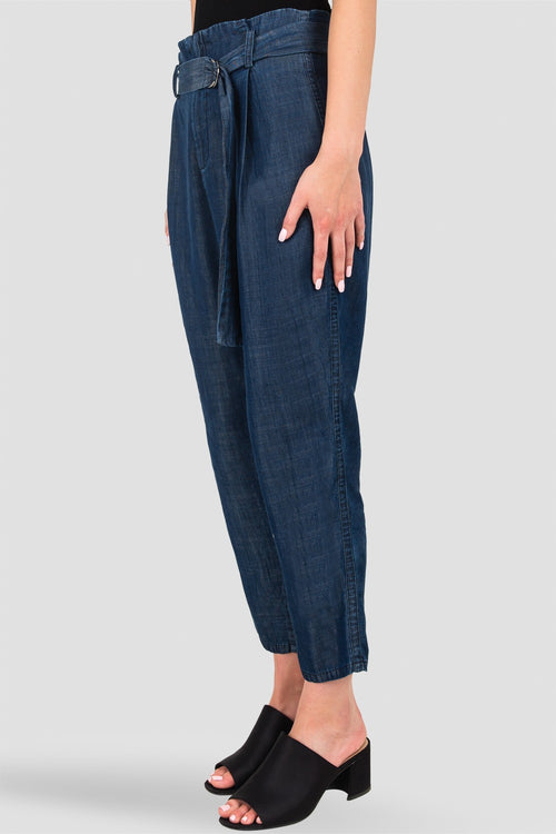 Marina Paper Bag Waist Medium Blue Tencel Denim Peg Leg Pants D-Ring Belt