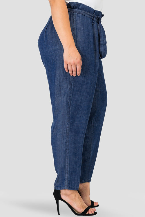 Plus Size Marina Paper Bag Waist Medium Blue Tencel Denim Peg Leg Pants D-Ring Belt