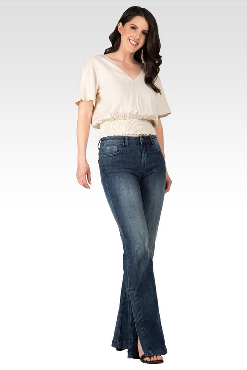 Rainie Light Hand-Sanded Denim Stretch High-Waist Slit Hem Jeans