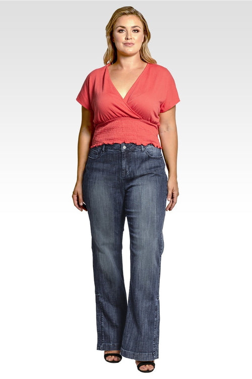 Rainie Plus Size Stretch Denim High-Waist Slit Hem Jeans Whisker Wash