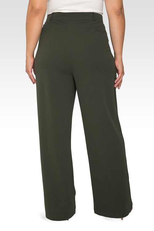 Standards & Practices Plus Size Women's Olive Pintuck Stretch Crepe Wide Leg Trouser-2