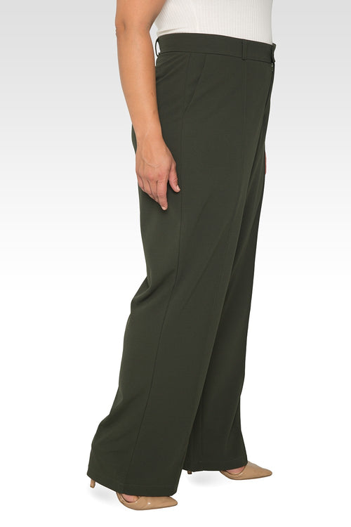 Standards & Practices Plus Size Women's Olive Pintuck Stretch Crepe Wide Leg Trouser-3