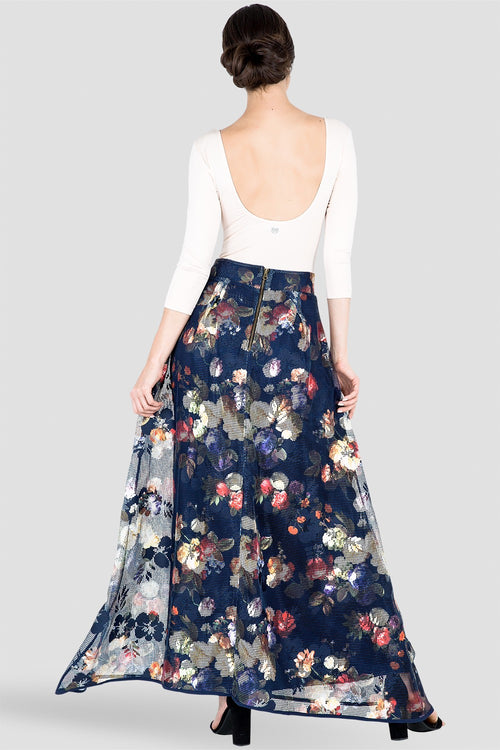 Iris Pleated Floral Mesh Full-Length Maxi Skirt